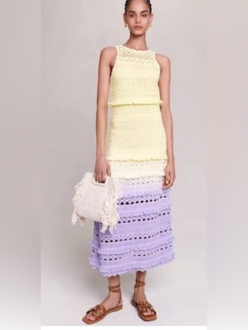 Maje Robelle Crochet Colorblock Midi Dress in Pastel Yellow, White & Lavender